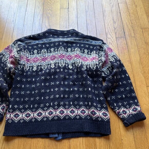 Vintage L.L. Bean Size M Navy Fair Isle Wool 90s Nordic Cardigan Sweater - Picture 13 of 15